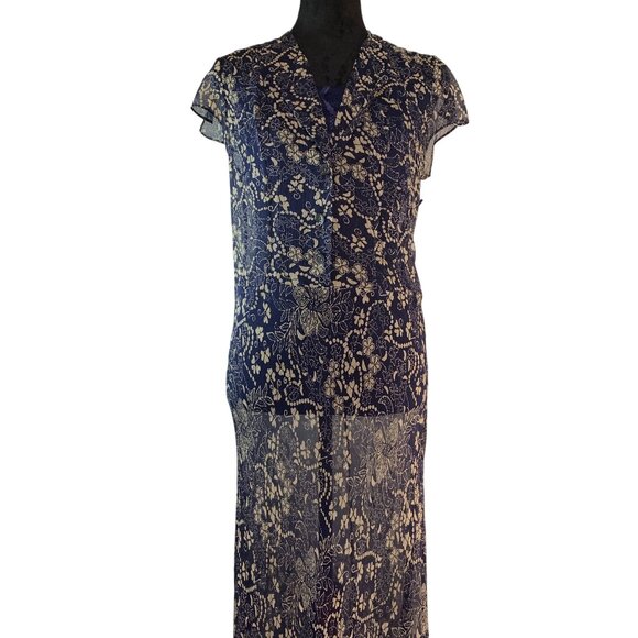 Lauren Ralph Lauren Sheer Floral Maxi Dress Blue & Beige Size 6 100% Silk Button - Picture 2 of 16